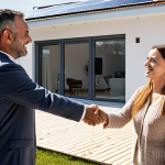 **

"A real estate agent in Portugal shaking hands with a client in front of a modern, sustainable house with solar panels. Focus on trust and a positive outcome. Background includes a cityscape of Lisbon."

**