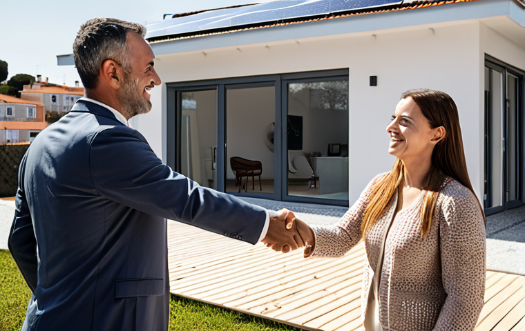 **
"A real estate agent in Portugal shaking hands with a client in front of a modern, sustainable house with solar panels. Focus on trust and a positive outcome. Background includes a cityscape of Lisbon."
**