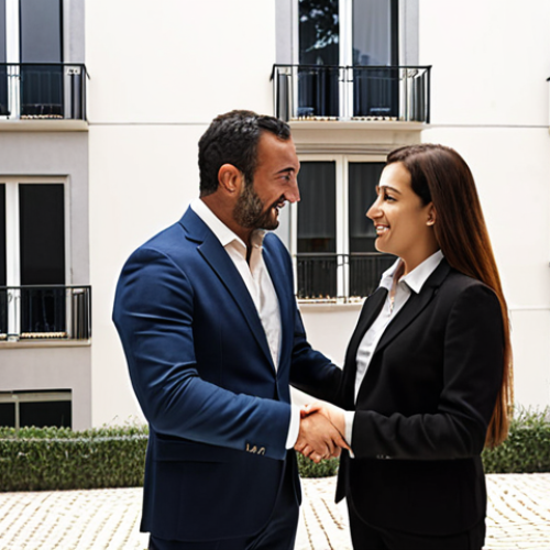 **A real estate agent shaking hands with a client in front of a modern apartment building in Lisbon, Portugal, emphasizing trust and a successful negotiation.**
