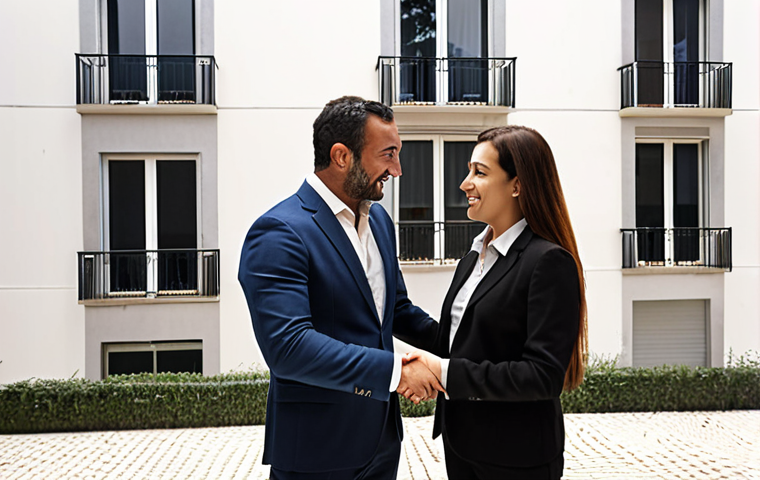 **A real estate agent shaking hands with a client in front of a modern apartment building in Lisbon, Portugal, emphasizing trust and a successful negotiation.**