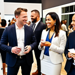 **

A diverse group of real estate professionals networking at a modern industry event. Focus on collaboration and connection, showcasing architects, lawyers, and real estate agents exchanging business cards and engaging in conversations. Bright, professional attire.

**