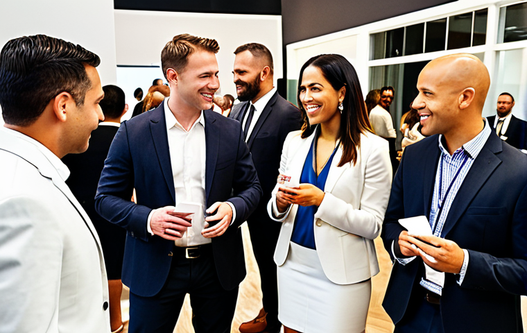 **
A diverse group of real estate professionals networking at a modern industry event. Focus on collaboration and connection, showcasing architects, lawyers, and real estate agents exchanging business cards and engaging in conversations. Bright, professional attire.
**