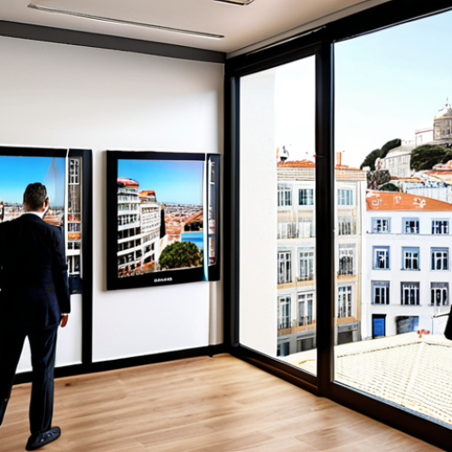 **Prompt:** Modern real estate office in Lisbon, Portugal, bustling with activity, agents assisting diverse clients, digital displays showing property listings, sunny atmosphere.