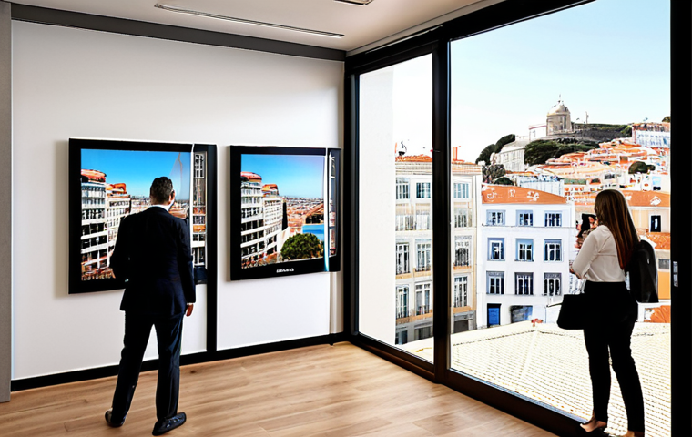 **Prompt:** Modern real estate office in Lisbon, Portugal, bustling with activity, agents assisting diverse clients, digital displays showing property listings, sunny atmosphere.