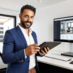 The Modern Real Estate Agent's Digital Toolkit**
    A professional Portuguese male real estate agent, around 30-40 years old, with a confident and focused expression, stands in a sleek, modern office. He is holding a tablet that displays an immersive 360-degree virtual tour of a stylish Portuguese apartment. In the background, a large monitor shows a clear, user-friendly CRM interface with client profiles and sales data. On a contemporary desk, a laptop displays intricate data analytics charts and graphs, subtly highlighting market trends. The overall scene emphasizes efficiency, technological integration, and a forward-thinking approach to real estate. The lighting is bright and professional, suggesting innovation and clarity.

2.  **Prompt for