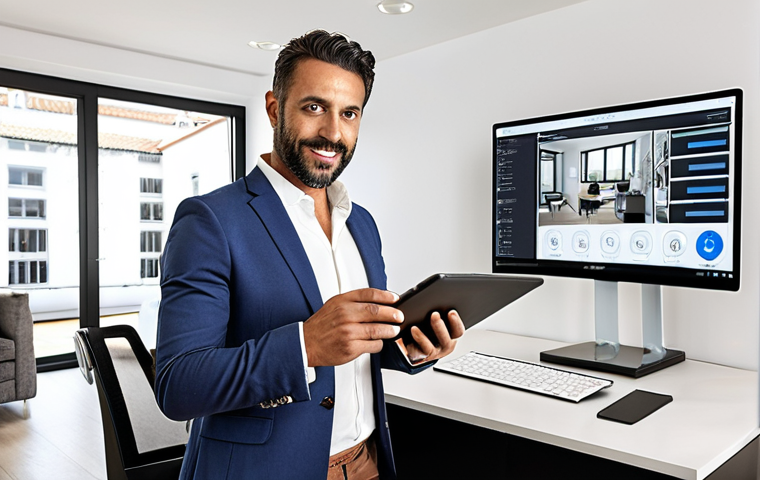 The Modern Real Estate Agent's Digital Toolkit**
A professional Portuguese male real estate agent, around 30-40 years old, with a confident and focused expression, stands in a sleek, modern office. He is holding a tablet that displays an immersive 360-degree virtual tour of a stylish Portuguese apartment. In the background, a large monitor shows a clear, user-friendly CRM interface with client profiles and sales data. On a contemporary desk, a laptop displays intricate data analytics charts and graphs, subtly highlighting market trends. The overall scene emphasizes efficiency, technological integration, and a forward-thinking approach to real estate. The lighting is bright and professional, suggesting innovation and clarity.
2. **Prompt for