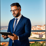 Modern Real Estate Agent**

"A successful real estate agent in Lisbon, Portugal, dressed in professional attire, confidently using a tablet to showcase a virtual tour of a luxury apartment overlooking the Tagus River. Modern office setting, warm and inviting lighting. Emphasize professionalism, technology, and client focus. safe for work, appropriate content, fully clothed, professional, perfect anatomy, natural proportions."

**