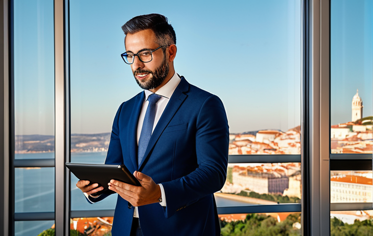 Modern Real Estate Agent**
"A successful real estate agent in Lisbon, Portugal, dressed in professional attire, confidently using a tablet to showcase a virtual tour of a luxury apartment overlooking the Tagus River. Modern office setting, warm and inviting lighting. Emphasize professionalism, technology, and client focus. safe for work, appropriate content, fully clothed, professional, perfect anatomy, natural proportions."
**