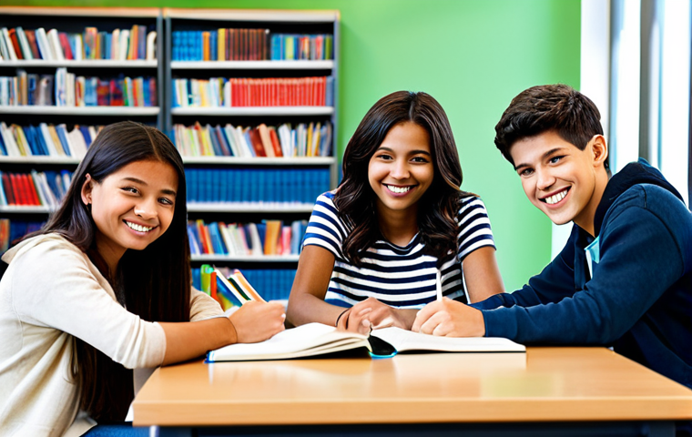 Study Group**
A diverse group of students, fully clothed in casual but modest clothing, are gathered around a table in a bright, modern library. They are studying textbooks and notebooks, some are smiling and engaged in discussion. "Safe for work", "appropriate content", "fully clothed", family-friendly. Perfect anatomy, correct proportions, natural pose, well-formed hands, proper finger count, natural body proportions, high quality, professional photography.
**