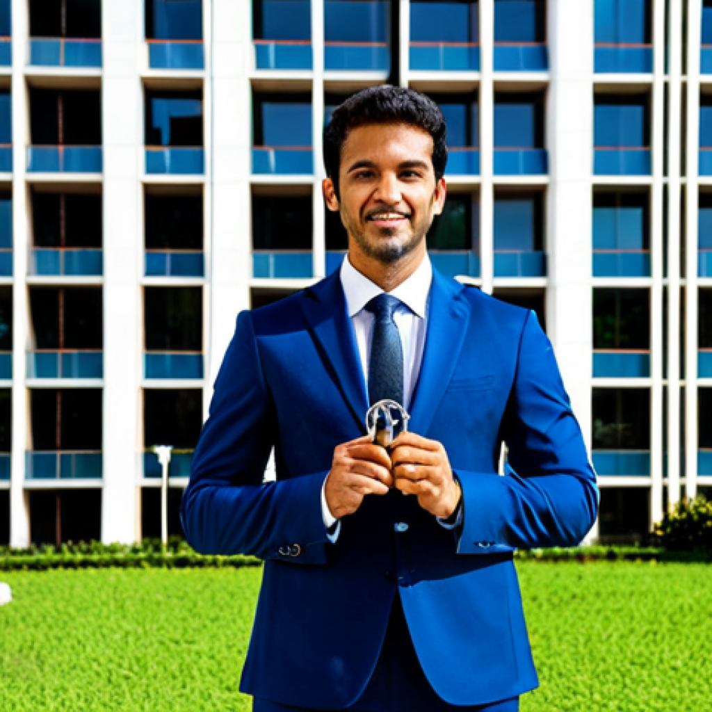 **

"A professional real estate agent in Brazil, fully clothed in a modest business suit, standing in front of a modern apartment building in São Paulo, holding a set of keys, appropriate attire, safe for work, perfect anatomy, natural proportions, professional photography, high quality, daytime."

**