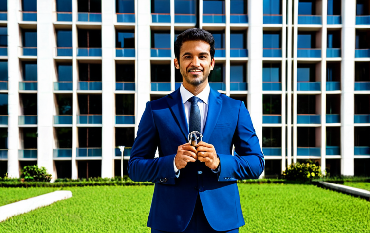 **

"A professional real estate agent in Brazil, fully clothed in a modest business suit, standing in front of a modern apartment building in São Paulo, holding a set of keys, appropriate attire, safe for work, perfect anatomy, natural proportions, professional photography, high quality, daytime."

**