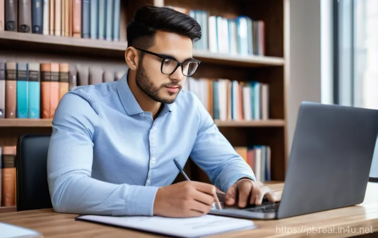 공인중개사 시험 준비를 위한 실용적인 조언 - **Prompt: "A focused, diverse young adult, approximately 20-30 years old, diligently studying real e...