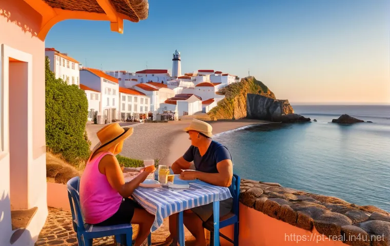 공인중개사 연봉 평균 및 지역별 차이 - A serene and picturesque Portuguese coastal village scene during golden hour. Whitewashed houses wit...