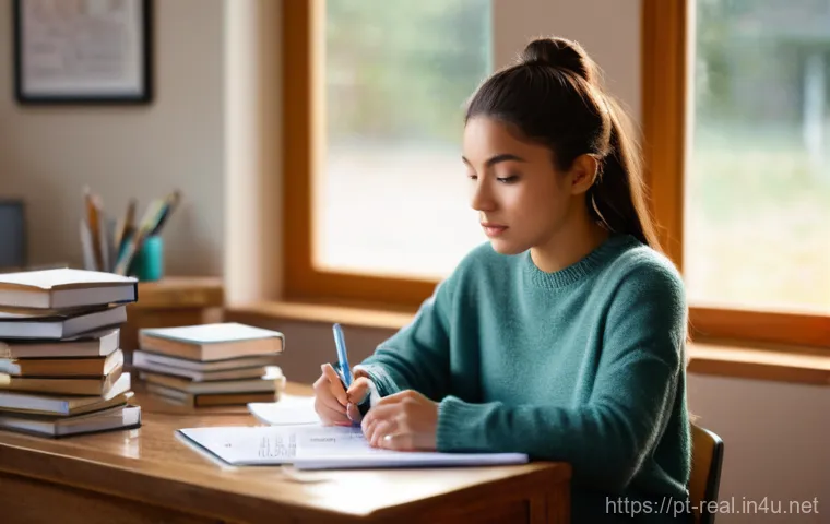 공인중개사 시험 대비 학습과 관련된 현실적인 문제 해결 - **Prompt 1: Focused Study Session**
A young adult woman, in her late 20s, with a determined expr...