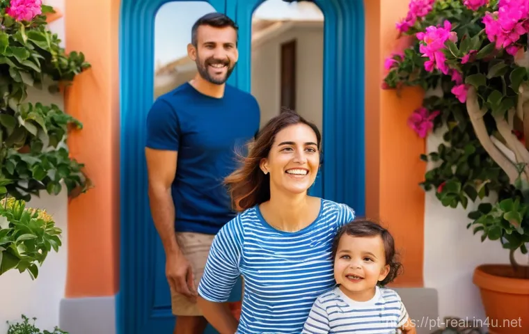 공인중개사와 지역 부동산 시장의 중요성 - **Prompt:** A joyful young Portuguese family, consisting of a mother, father, and their smiling todd...