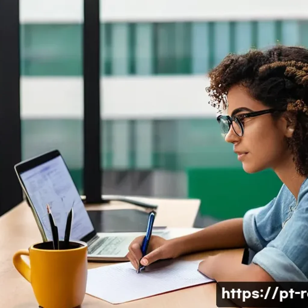 공인중개사 시험 대비 모의고사 시험지 공유 - **Prompt:** A young Brazilian woman in her mid-20s, with short curly hair and glasses, sits at a mod...