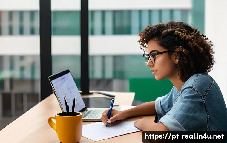 공인중개사 시험 대비 모의고사 시험지 공유 - **Prompt:** A young Brazilian woman in her mid-20s, with short curly hair and glasses, sits at a mod...