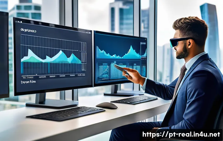 공인중개사와 부동산 시장의 상호 연계성 분석 - A professional real estate agent in a modern office environment, reviewing digital property listings...