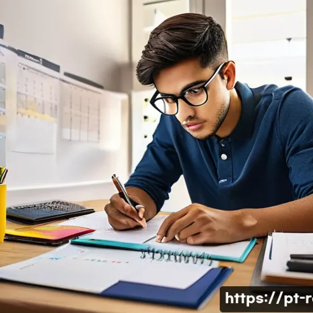공인중개사 시험일 체크 방법 - A focused young adult studying at a modern desk cluttered with a smartphone displaying a calendar ap...