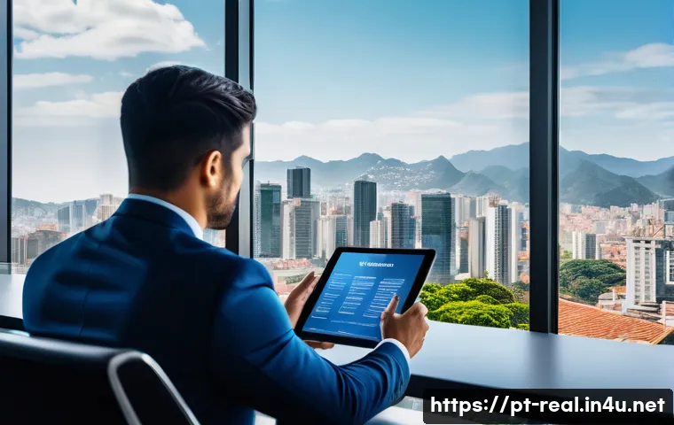 공인중개사 부동산 법률 사례 연구 - A professional real estate agent in a modern office setting, attentively reviewing detailed property...