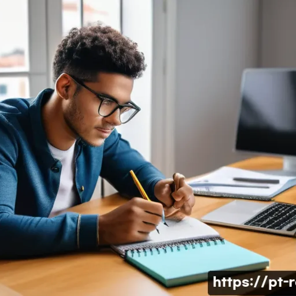 공인중개사 시험 준비와 관련된 효과적인 자료 활용 사례 - A focused young adult studying at a modern home office desk, surrounded by neatly organized real est...