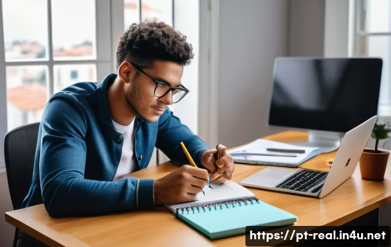 공인중개사 시험 준비와 관련된 효과적인 자료 활용 사례 - A focused young adult studying at a modern home office desk, surrounded by neatly organized real est...