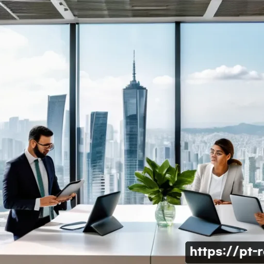 공인중개사와 부동산 관련 정책 변화의 사회적 영향 연구 - A modern Brazilian real estate office scene showing a diverse group of professional real estate agen...