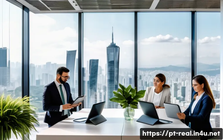 공인중개사와 부동산 관련 정책 변화의 사회적 영향 연구 - A modern Brazilian real estate office scene showing a diverse group of professional real estate agen...
