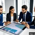 공인중개사 자격증과 관련된 사회적 가치의 연구 - A diverse group of certified real estate agents in a modern Brazilian urban office setting, includin...