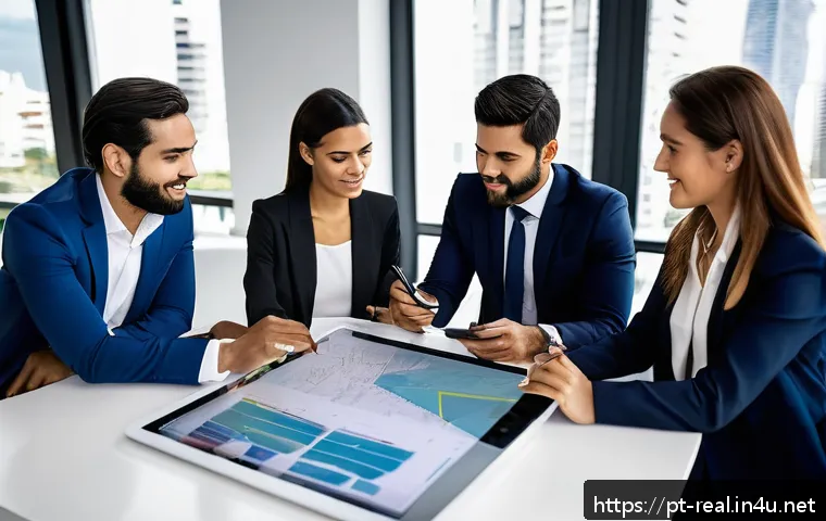공인중개사 자격증과 관련된 사회적 가치의 연구 - A diverse group of certified real estate agents in a modern Brazilian urban office setting, includin...