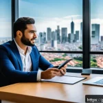 공인중개사 부동산 계약 중재 경험 - A professional real estate broker in a modern office setting, sitting at a sleek desk with a laptop ...