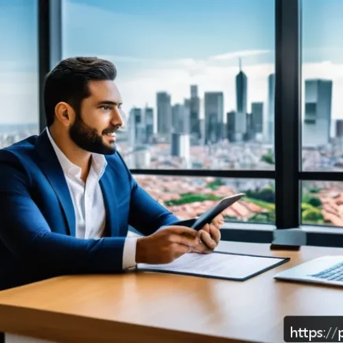 공인중개사 부동산 계약 중재 경험 - A professional real estate broker in a modern office setting, sitting at a sleek desk with a laptop ...