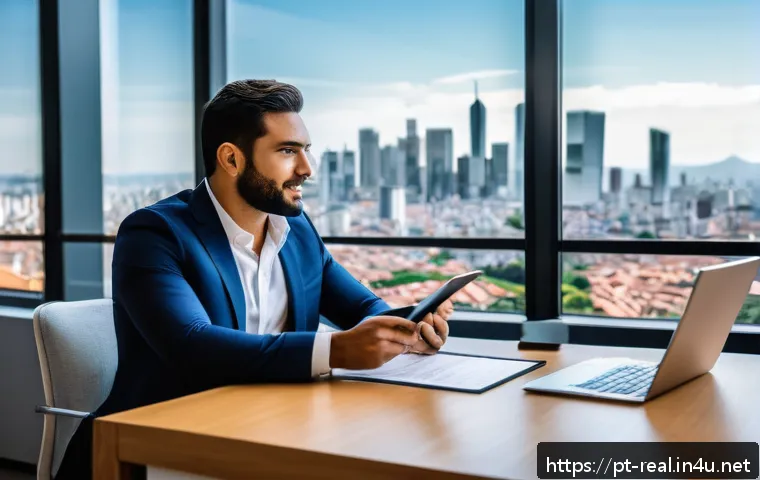 공인중개사 부동산 계약 중재 경험 - A professional real estate broker in a modern office setting, sitting at a sleek desk with a laptop ...