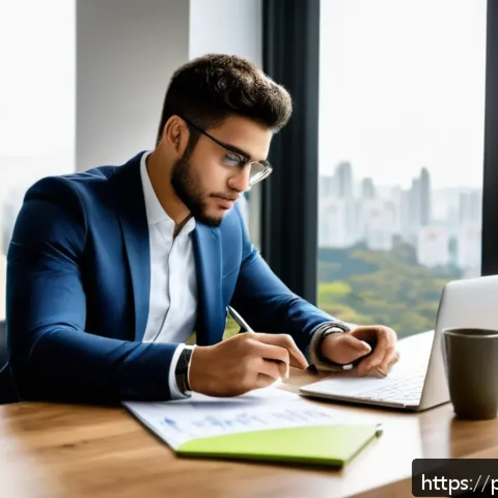 공인중개사 시험과 관련된 추천 앱 - A focused young Brazilian real estate agent studying at a modern desk with a laptop and smartphone d...
