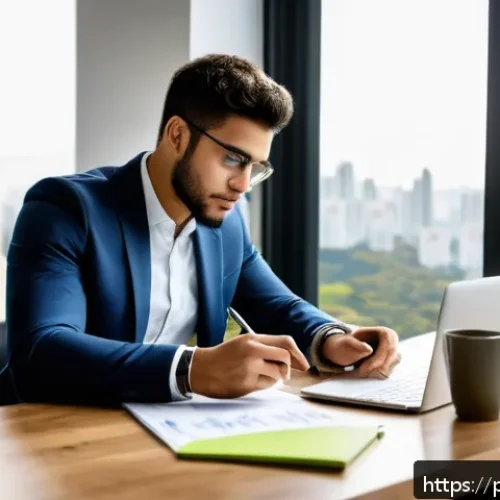 공인중개사 시험과 관련된 추천 앱 - A focused young Brazilian real estate agent studying at a modern desk with a laptop and smartphone d...