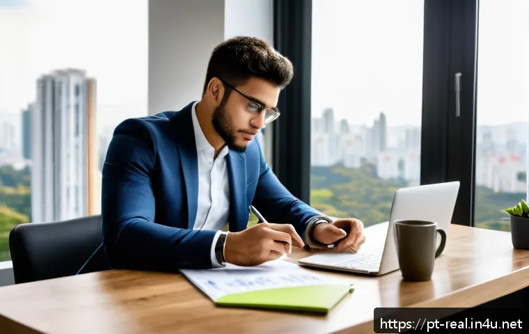 공인중개사 시험과 관련된 추천 앱 - A focused young Brazilian real estate agent studying at a modern desk with a laptop and smartphone d...